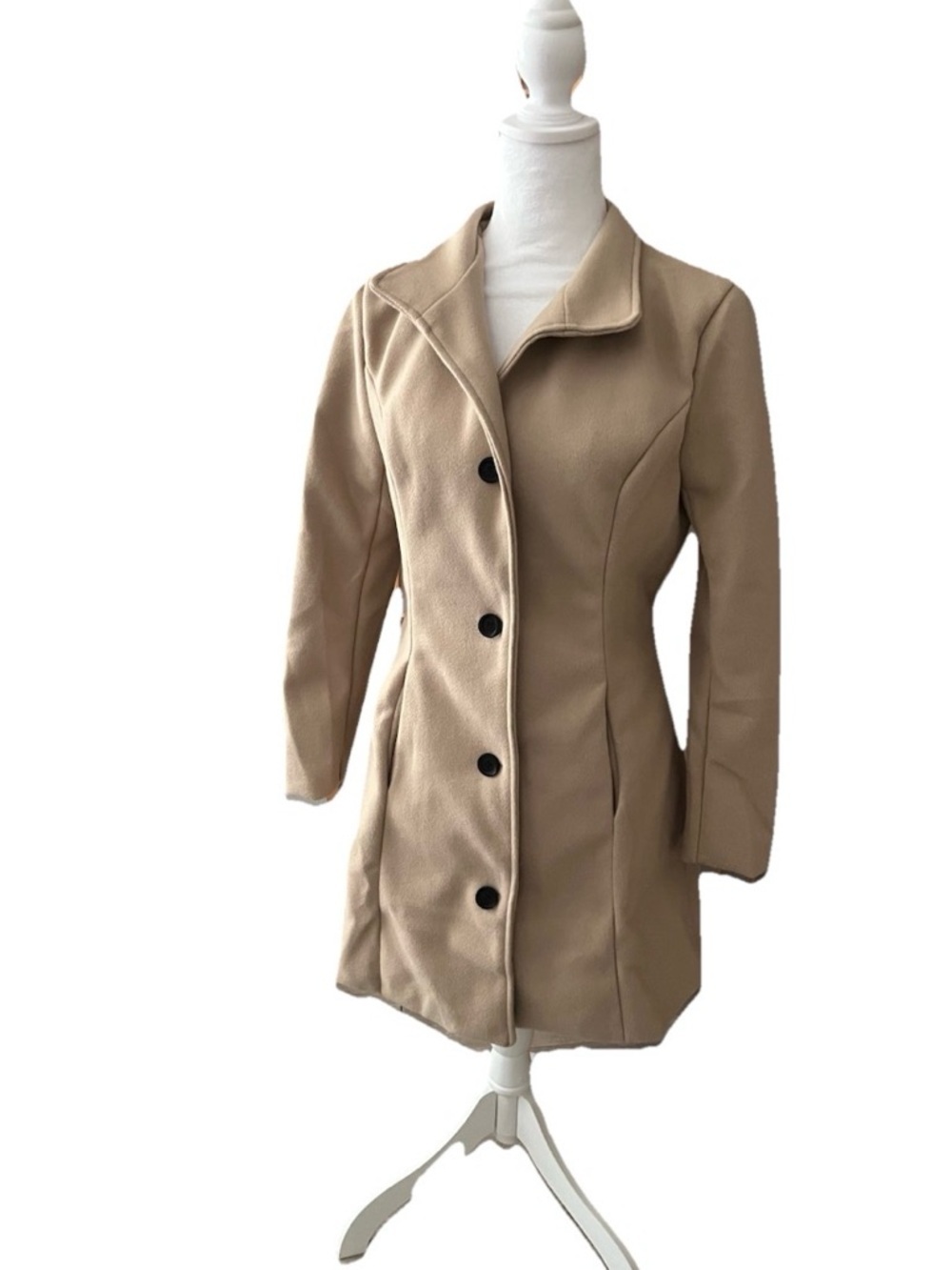 Women Beige Khaki Tan Button Jacket Mid Overcoat Wool Trench Coats Medium-Large